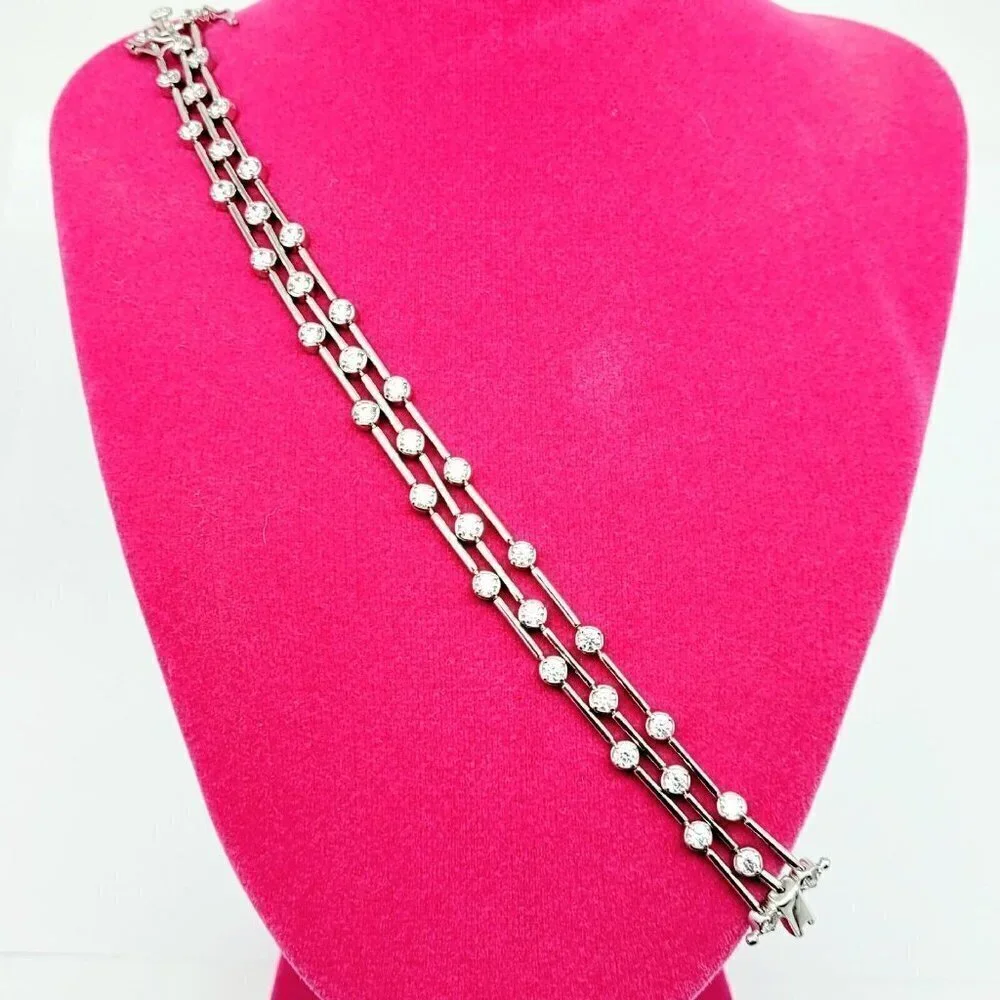 SW925CZ Sterling Silver Triple Strand Bracelet Cubic Zirconia Dbl Safety Clasp